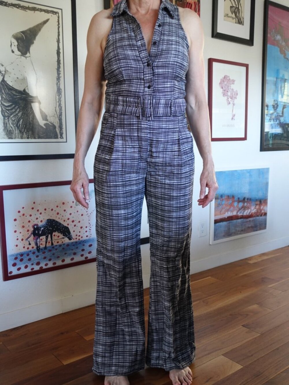 Maeve Anthropologie NWT Plaid Wide Leg Jumpsuit Gray Sleeveless Belted - 6T